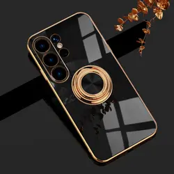 Luxurious Shockproof Silicone Case with Gold Plated Bumper and Magnetic Ring Holder - S25 Plus (Black)