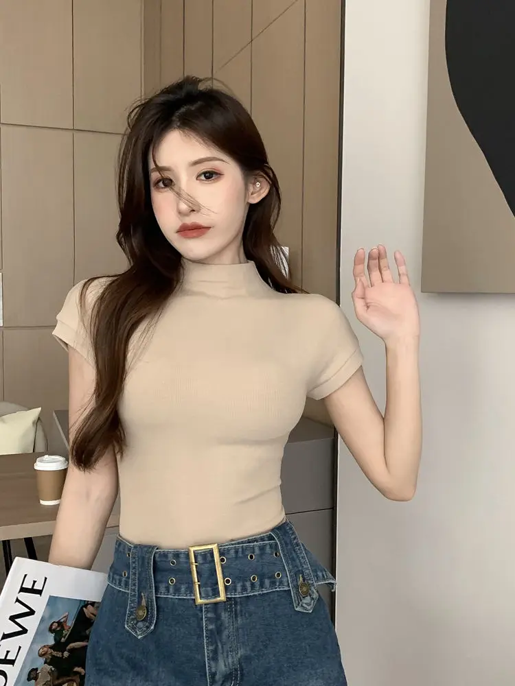 WTEMPO Női Rövid ujjú póló Fél garbó Nyári Trend All-match Top Sexy Slim T-shirt Egyszínű Y2k Top 2023469_voghion.com