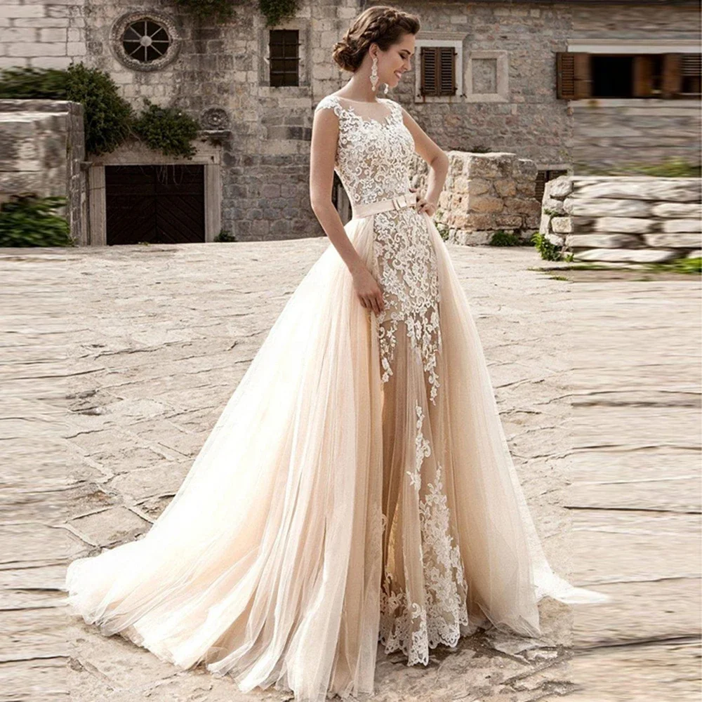 

Two Piece Mermaid Wedding Dresses 2023 with Detachable Tulle Skirt Romantic Sexy Sheer Neck Lace Applique Bridal Gowns