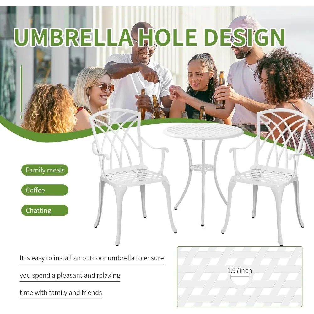 Patio Bistro Set 3 Piece with Umbrella Hole, Outdoor Bistro Table and Chairs Set of 2, Patio Bistro Set 3 Piece white 5