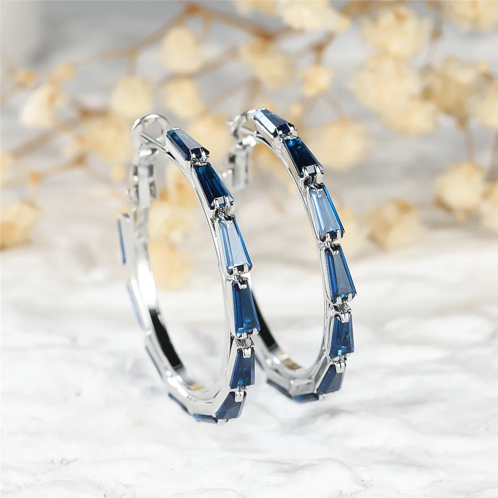 Trendy Crystal Blue Zircon Stone Hoop Earrings For Women Vintage Gold Color Wedding Jewelry