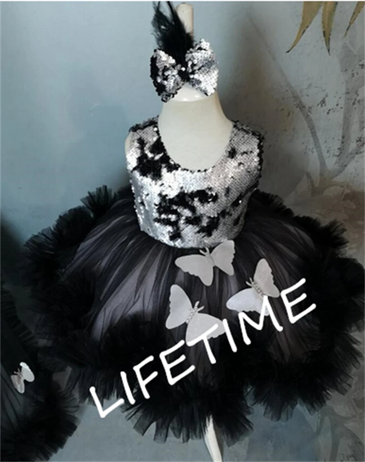 

Silver Sequins Black Tulle Flower Girl Dress Luxury Birthday Outfit Baby Girl Party Costume Infant Frock