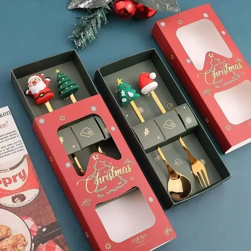 Stainless Steel Christmas Spoon Set Holiday Party Gift Ins Doll Spoon Fork Set Christmas Creative Gift for Friends and Family