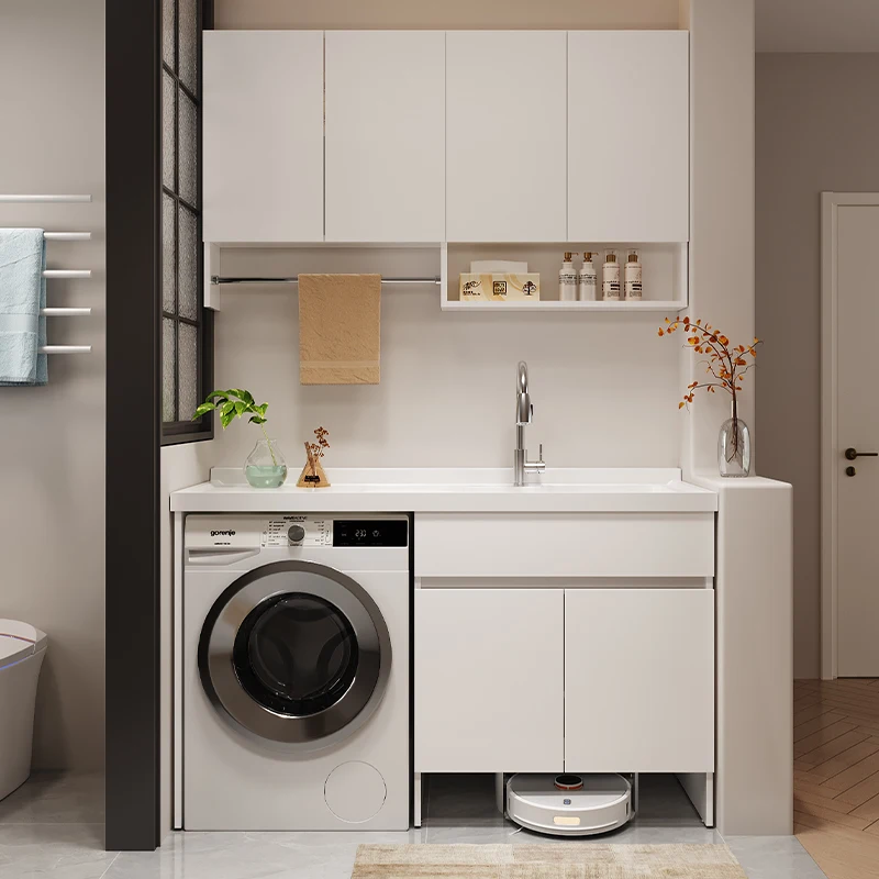 Stainless steel balcony laundry cabinet sweeping robot drum washing machine cabinet combination integrated basin laundry pool