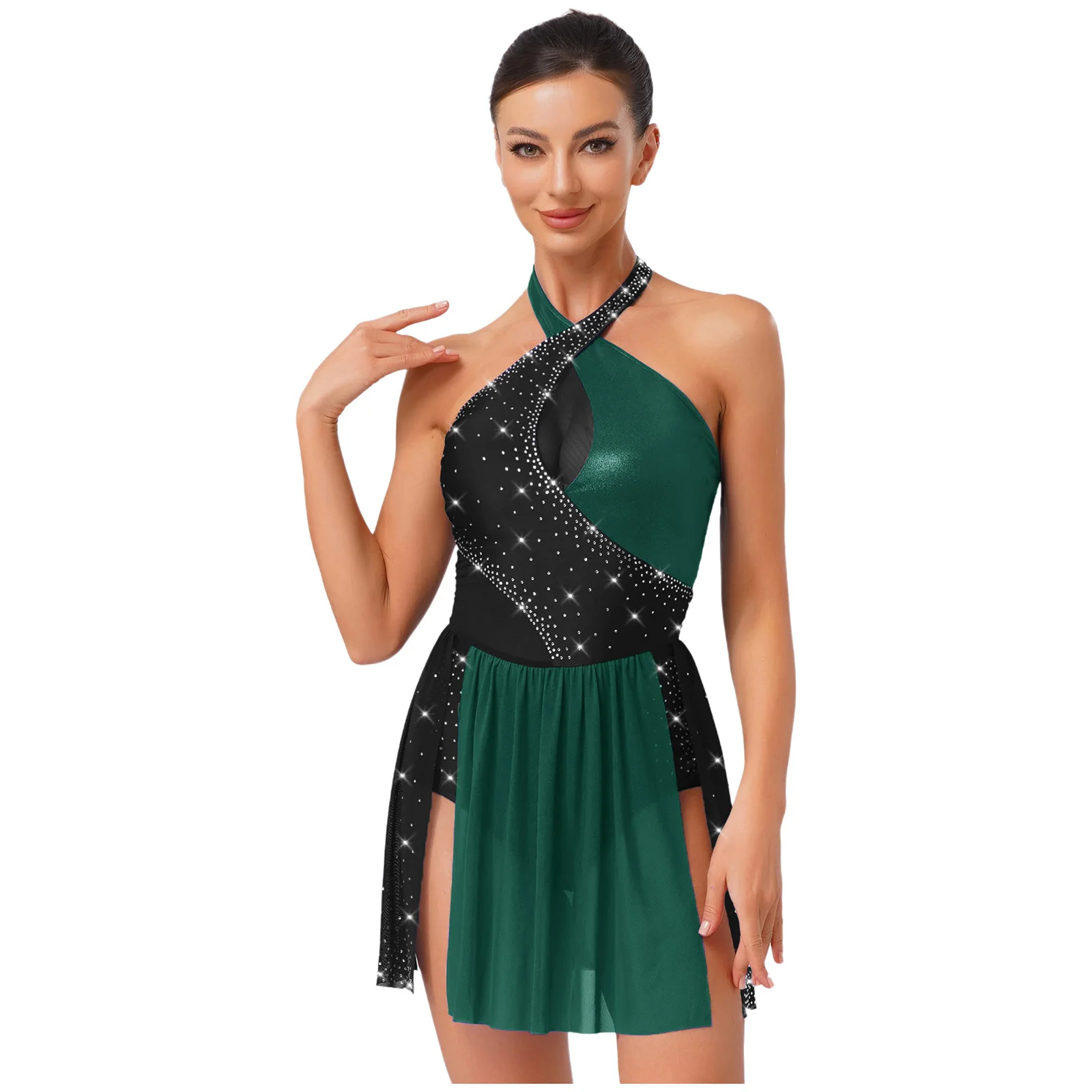 Damen Gymnastik Ballett Latein Lyrical Dance Kostüm Künstlerisches Eiskunstlauf Trikot Kleid Neckholder Strass Bodysuit Kleid – Detail 40