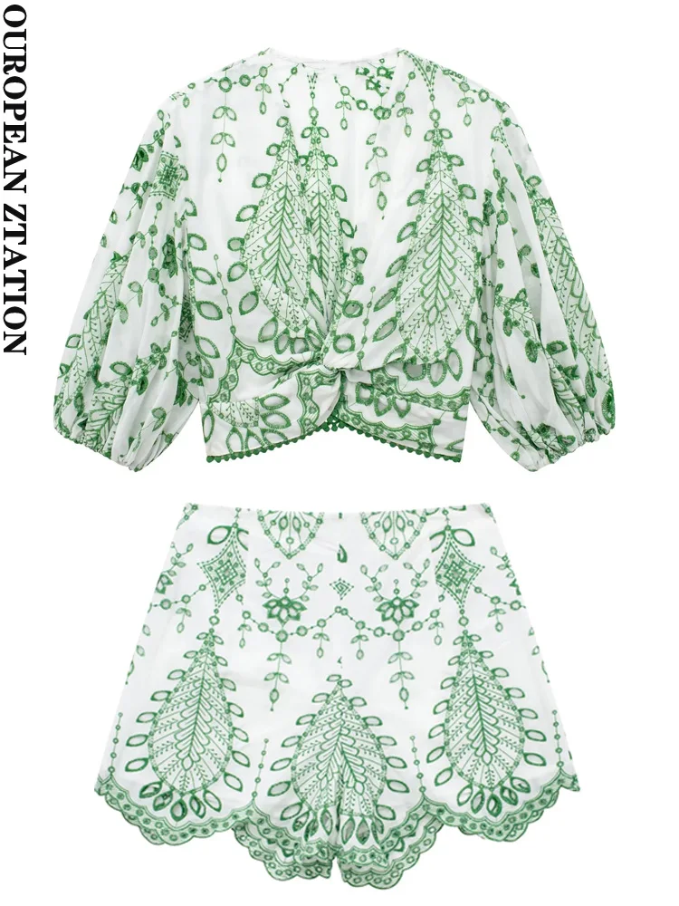 

PAILETE Women 2023 fashion with knot pleats embroidered crop top or mid-rise side zip shorts two pieces sets mujer