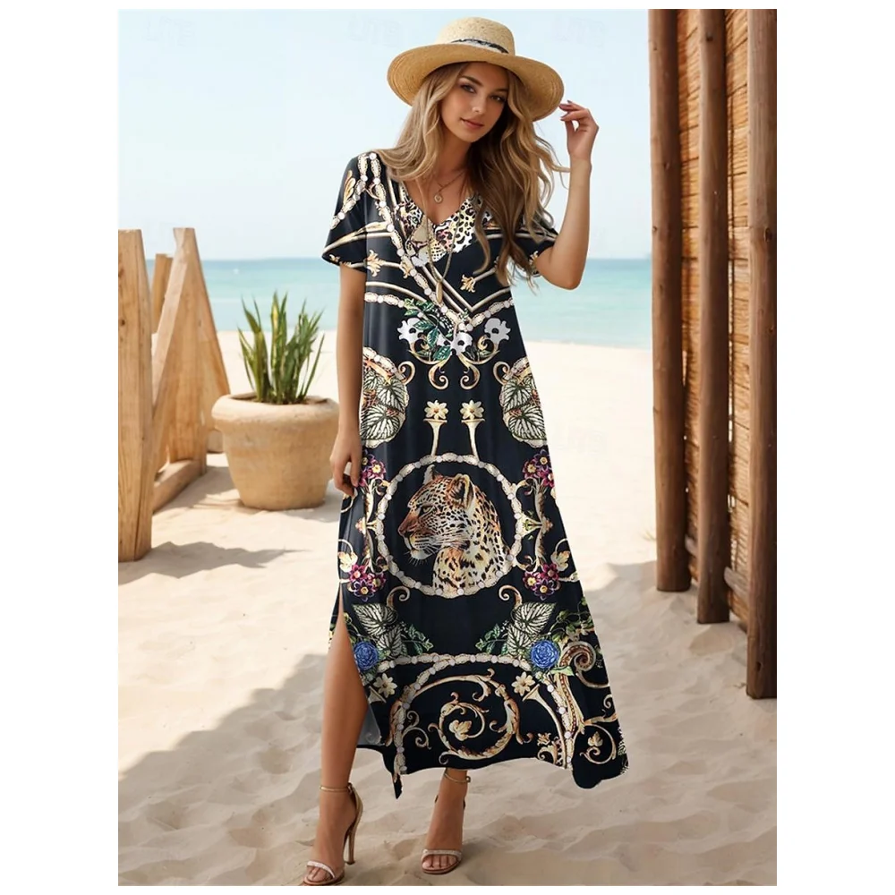 thumbnail image 1 of Vestidos para mujer, moda, cuello en V, vestido largo diario, manga corta, falda de mujer, estilo bohemio, vestidos con abertura, ropa de verano para mujer, 1 of 2