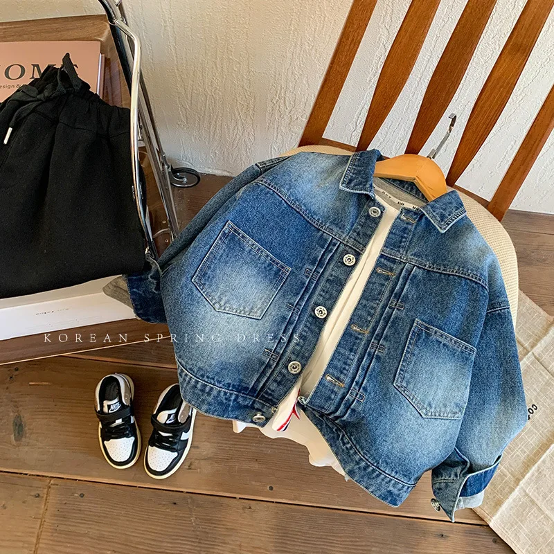 

Модная синяя джинсовая детская куртка в стиле пэчворк с длинными рукавами, Повседневная Уличная одежда с карманами и пуговицами, весенние детские топы унисекс 2023