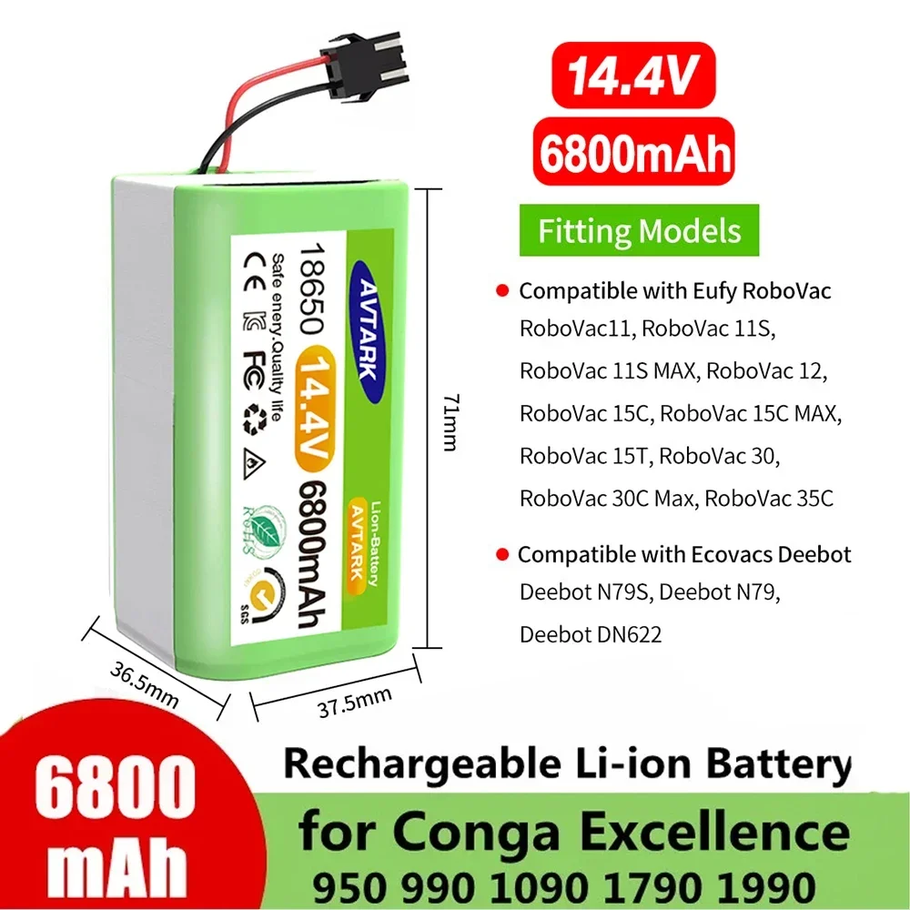 

New 14.4V 6800mAh Replacement Battery for Conga Excellent 990 1090 1790 1990 Deebot N79S N79 DN622 Robovac 11 Tesvor X500