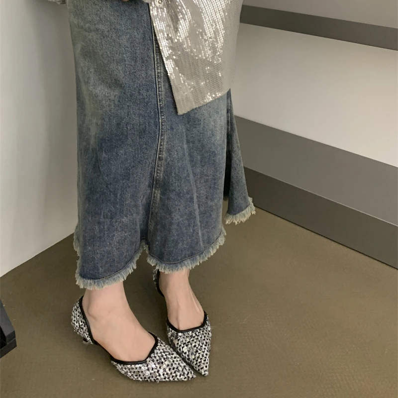 2024 Trend Women Sandals Pointed Toe Fashion Shoes Women Mid Heels Party Shoes Shallow Sexy Sandals New Elegant Stilettos