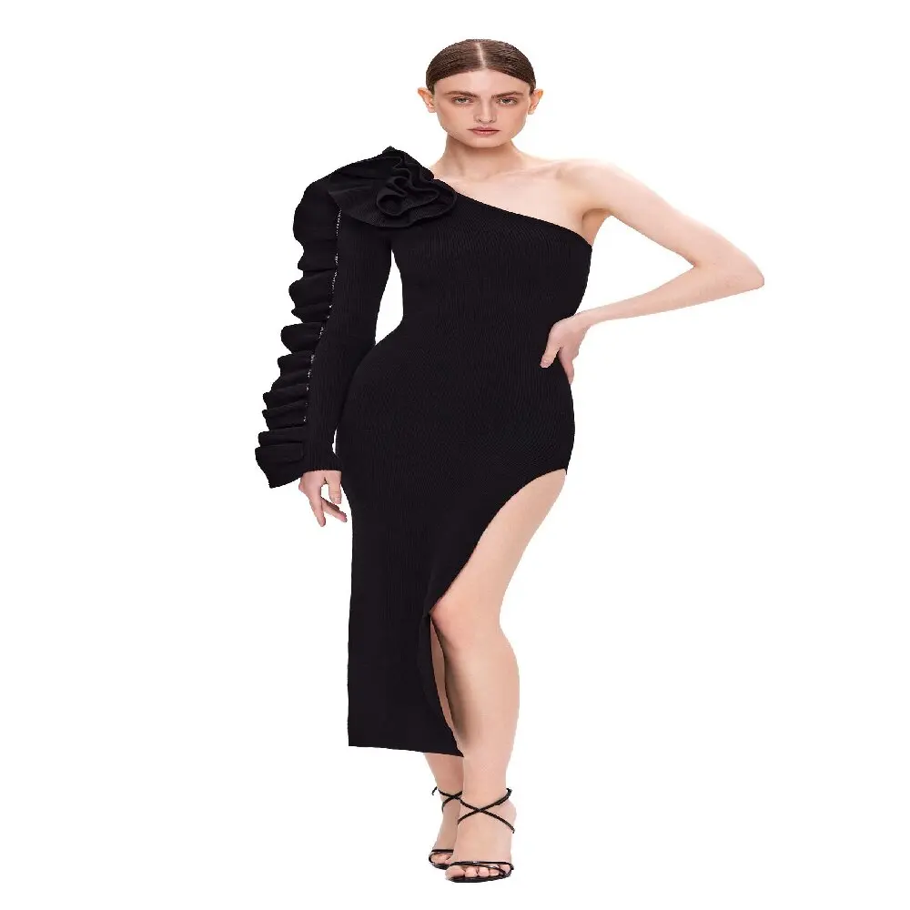 

Women's Black Dress Ruffles One-Shoulder Celebrity Party Gown Three-dimensional Flower Decoration Vintage Senior Sense Clothing