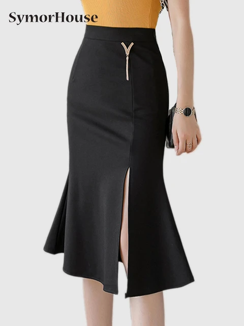 New Women Black Pencil Skirts 2022 Elegant High Waist Korean Clothing Fashion Knee Length Ruffles Split Office Midi Skirts - Skirts - AliExpress