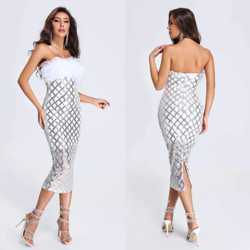 

Feathers Sequins Strapless Women Sexy Bodycon Long Dress Fashion Mesh Vestidos 2023 Autumn INS Trend Clothing Evening Clubwear