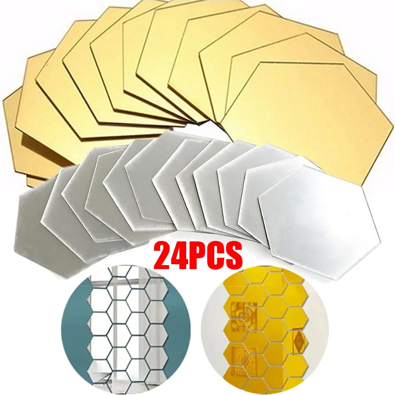 1/24pcs 3D Mirror Wall Sticker Hexagon Acrylic Self Adhesive Mirror Stickers Art Wall Decals Mosaic Tiles DIY Home Bedroom Decor