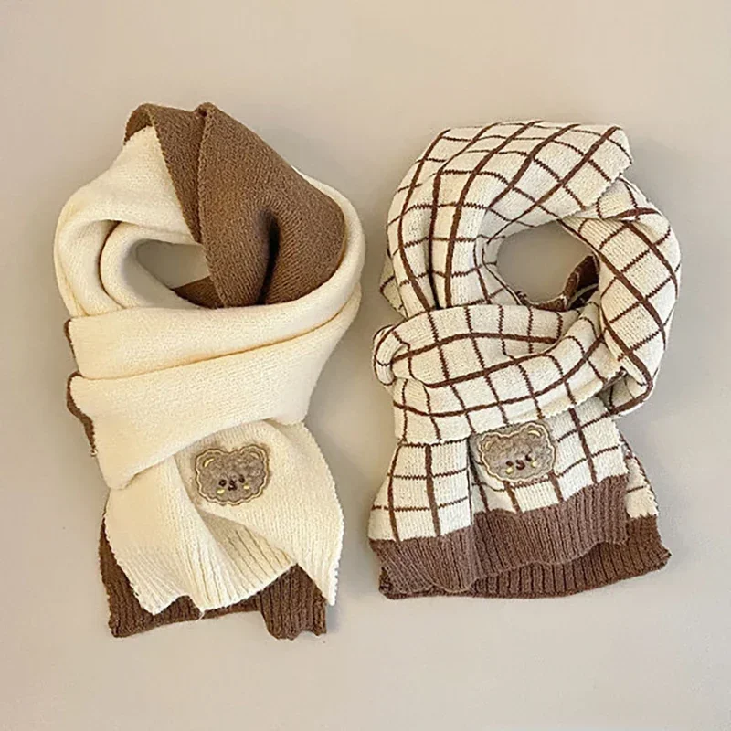 Cute Stripe Bear Kids Scarf Winter Thick Knit Warm Neckerchief for Boy Girl Korean Windproof Kids Woolen Neck Warmer Scarves