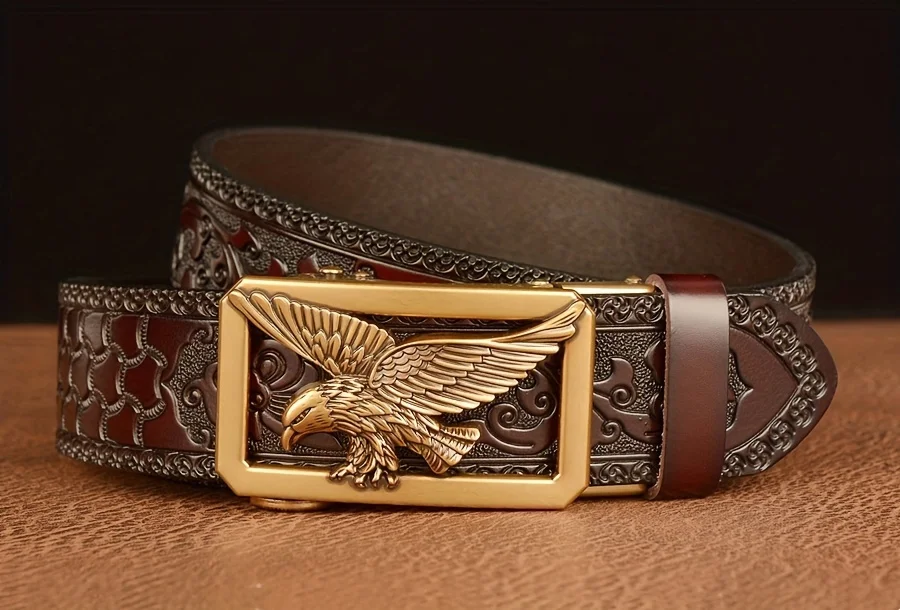 Herren-Business-Vintage-Gürtel mit automatischer Schnalle – echtes Leder mit Adler- und Blumenschnitzereien, perfektes Geschenk für Ehemann oder Vater – Detail 6