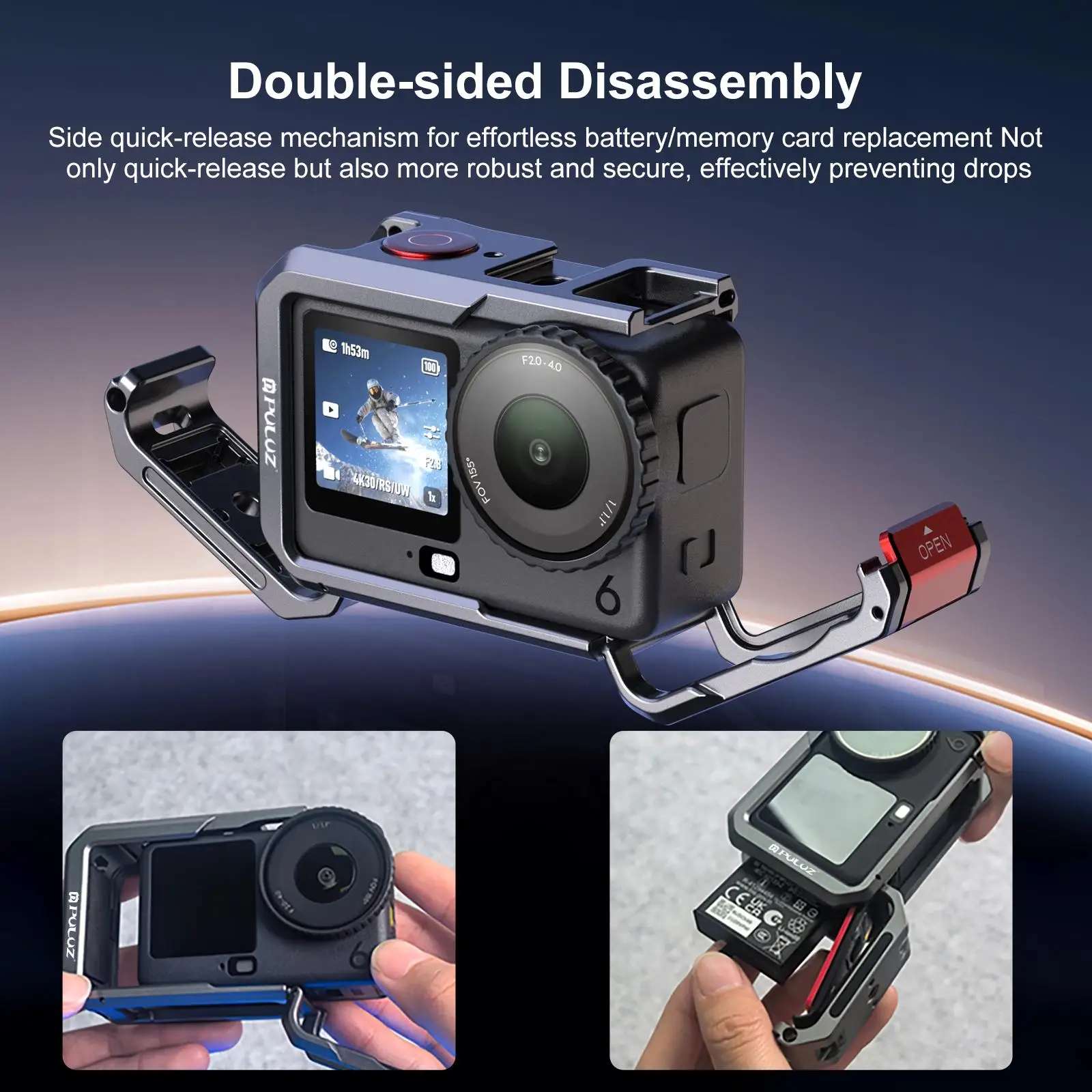 For DJI Osmo Action 6 PULUZ Metal Dual-Opening Camera Cage Expandable Frame with Silicone Lens Cap