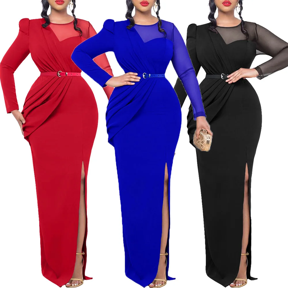 

Plus Size African Party Dresses for Women Dashiki Ankara Wedding Gown Belt Outfits Bodycon Split Long Dress Africa Clothing 2024