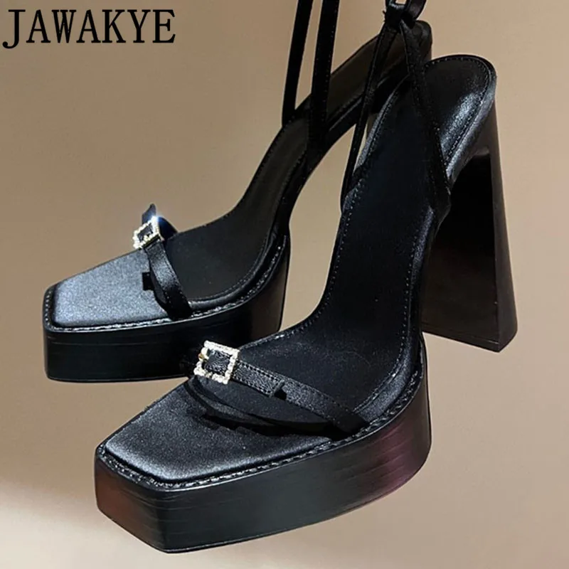 

2023 Summer Black Square Toe Super High Heel Sandals Women Brand Ankle Buckle Chunky Heel Platform Pumps Sexy Party Shoes Female