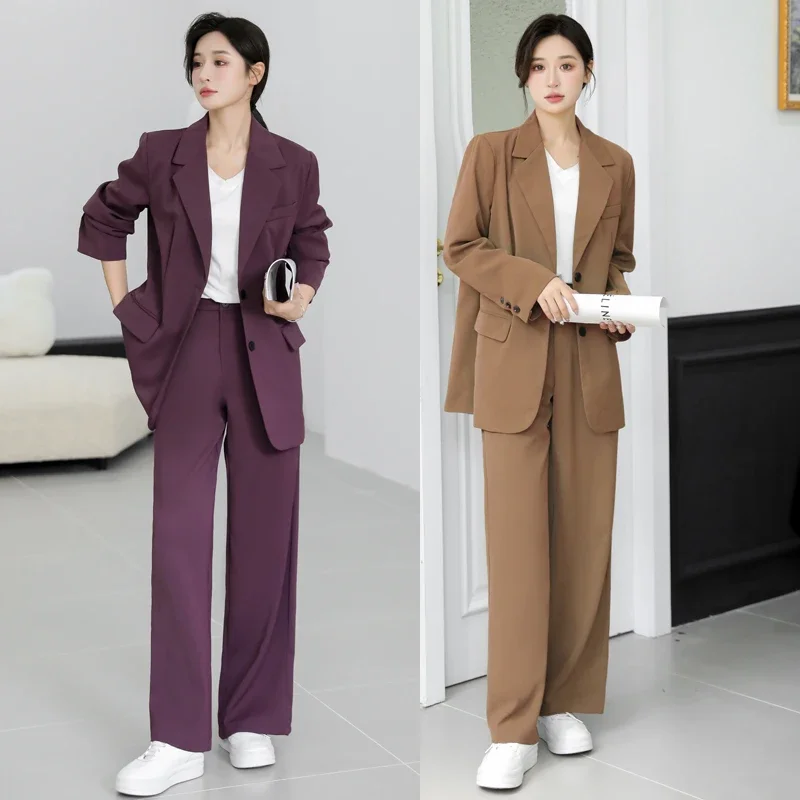 

Insozkdg Suit Set Women Autumn 2023 New Oversized Long Sleeve Solid Long Blazer + High Waisted Wide Leg Straight Suit Pants Set