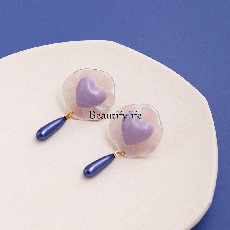 

Female Purple Love Pearl Pendant Dignified Ear Clips Personality Ear Studs