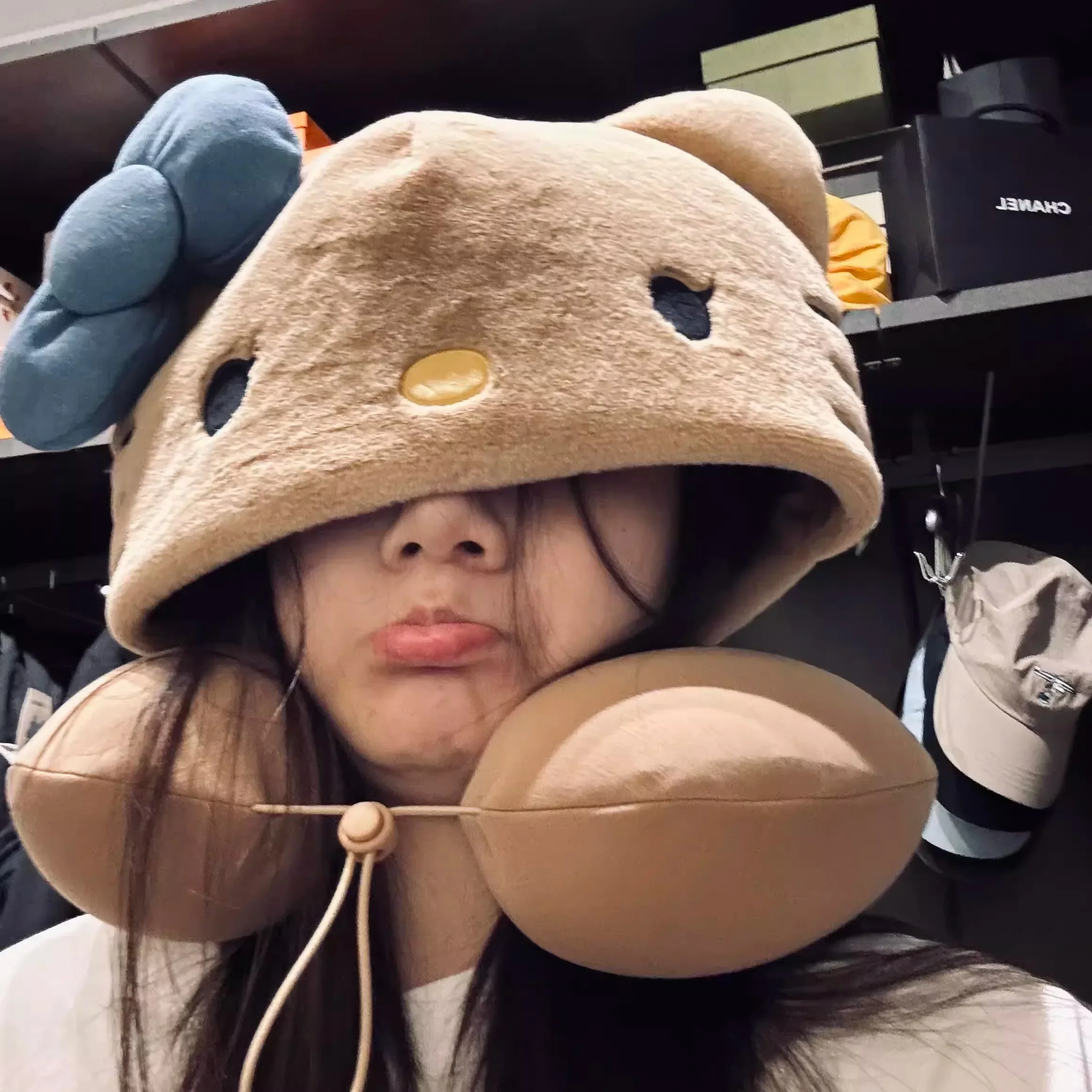 Kitty Hooded Neck Pillow Travel Pillow For Airplane Train Car Soft Plush Sleeping Support With Adjustable Hood Gift