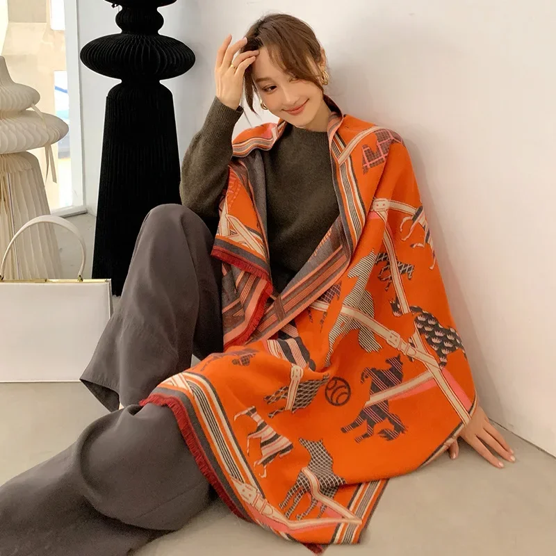 2024 Luxury Brand Wool Women Scarf Cashmere Stole Animal Horse Print Scarves Female Winter Warm Pashmina Blanket Wraps Hijab