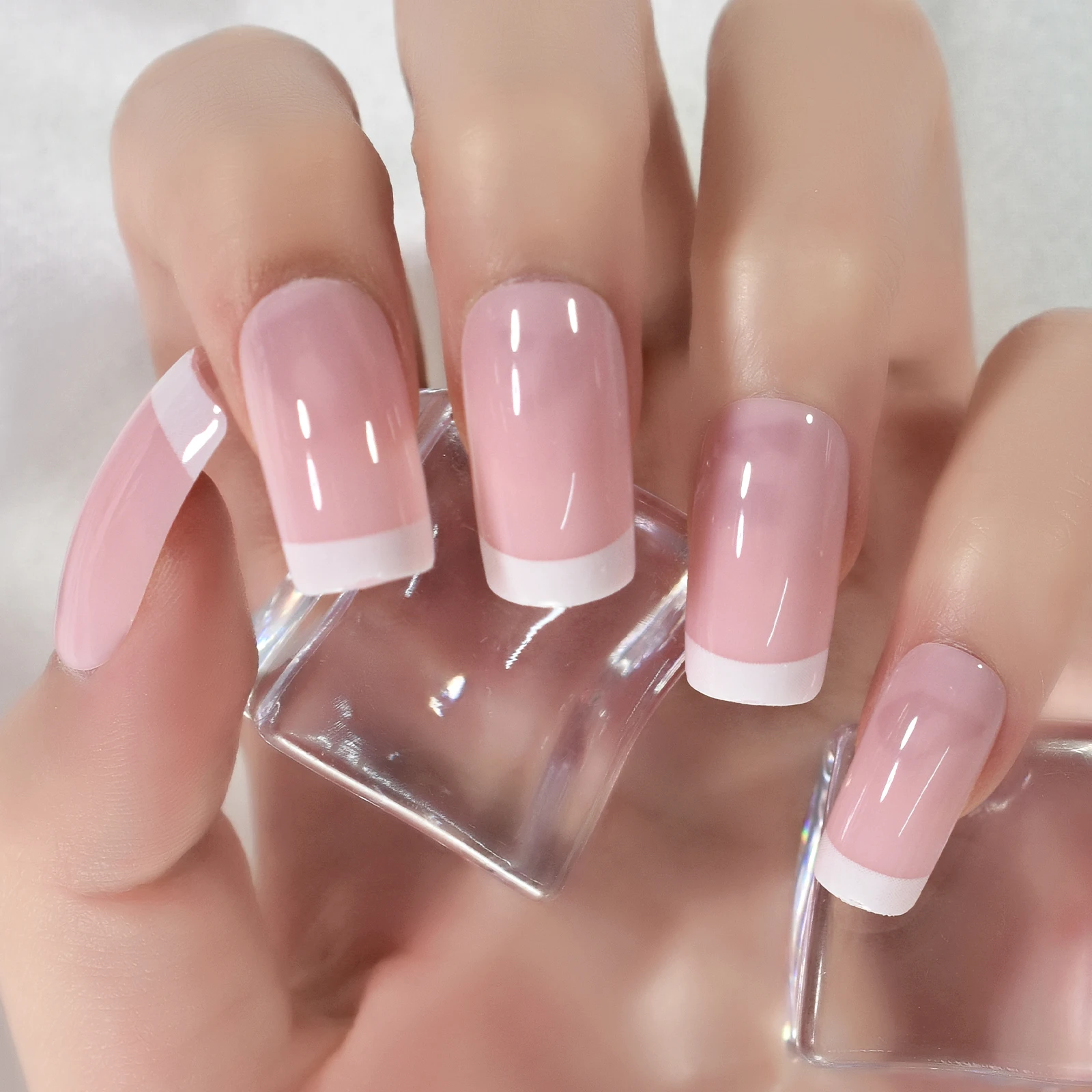

Чистые розовые белые накладные ногти для французского маникюра средние квадратные глянцевые накладные ногти для салона маникюра многоразовый УФ-гель «сделай сам» накладные ногти