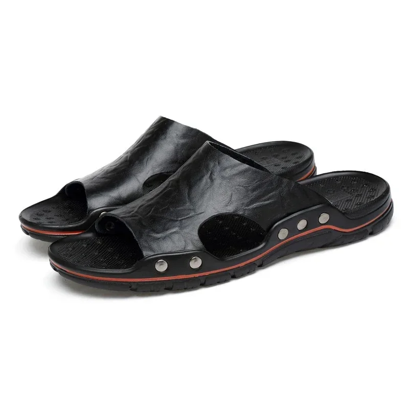 Men's Black PU Leather Summer Sandals - Lightweight and Comfortable Slides