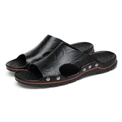 Men's Black PU Leather Summer Sandals - Lightweight and Comfortable Slides - 45 (Black)