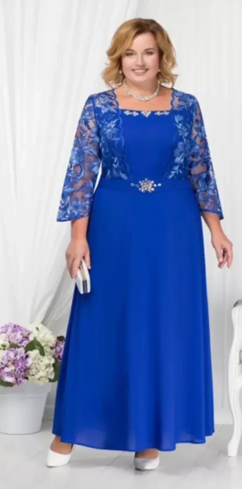 

Square Neck Long Sleeves Wedding Guest Dress A Line Chiffon Evening Gowns Blue Plus Size Beaded Lace Mother Of The Bride Dresses