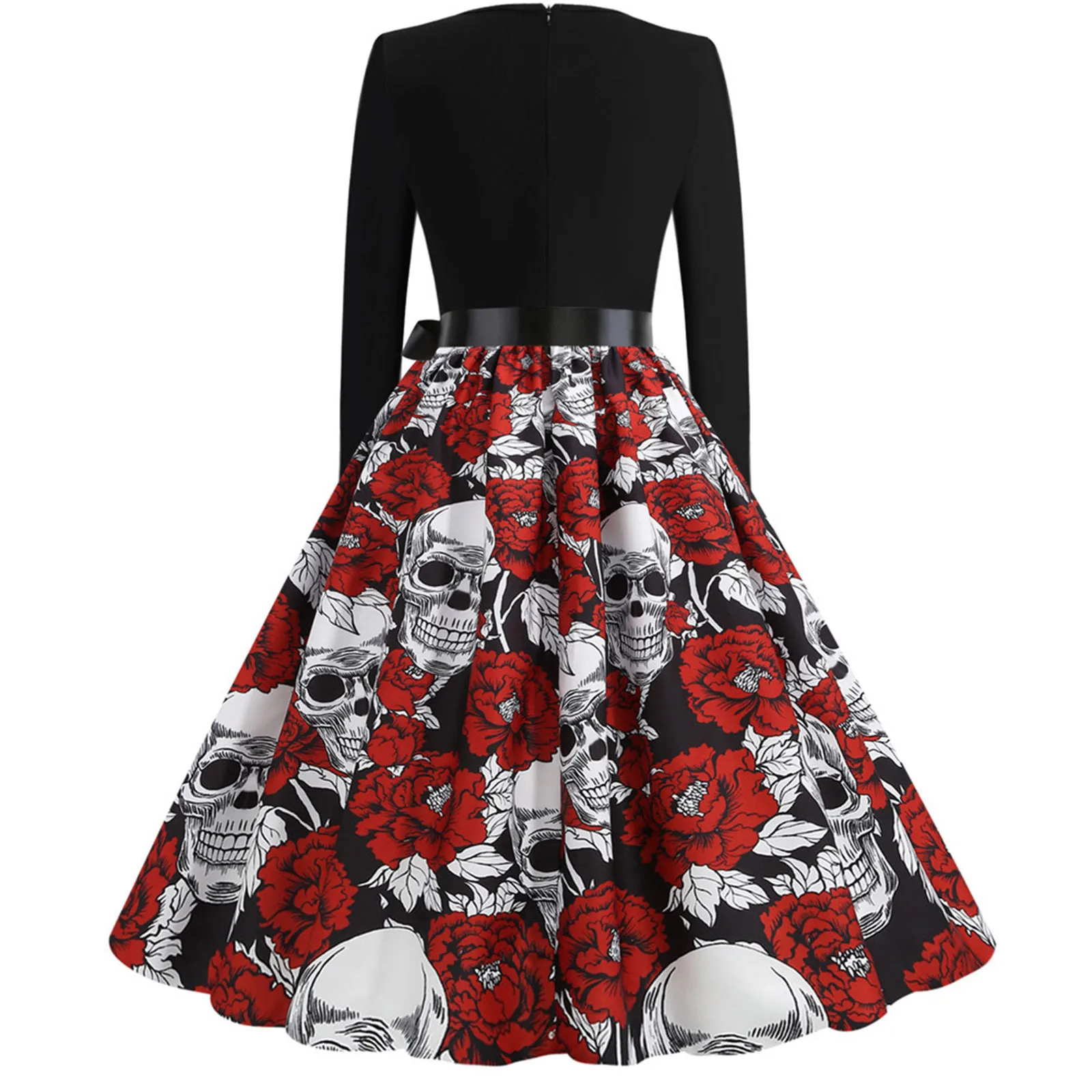 Women Halloween Party Dress Long Sleeve V Neck Bloody Rose Skull Print Black Patchwork Vintage Dress