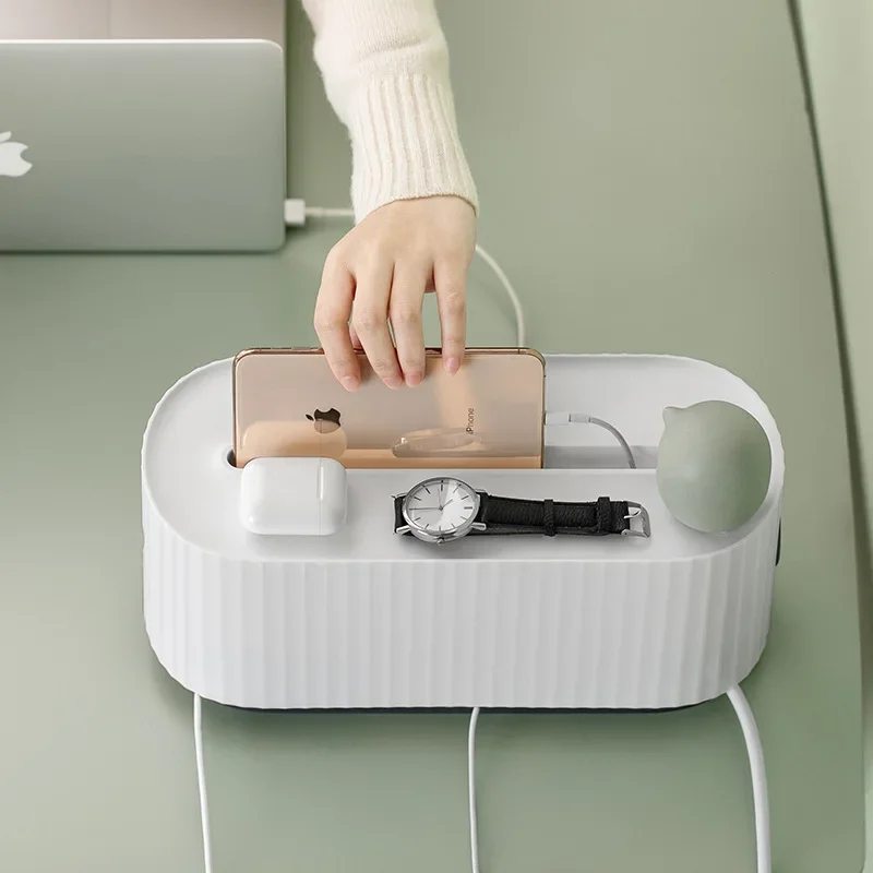 

Cable Management Box with Phone Holder Stand Power Line Socket Strip Cover Charger Adapter Wires Hider Desktop Cord Organizer