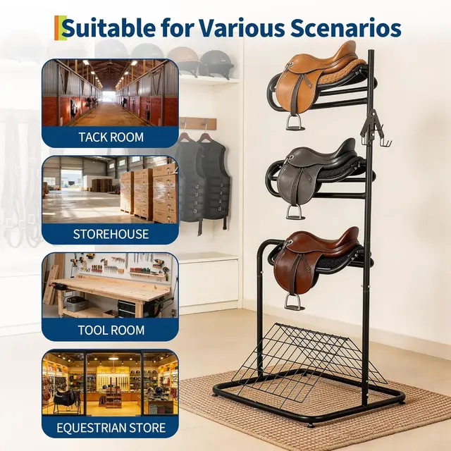 Heavy Duty 3 Tier Freestanding Saddle Rack Stand, 76cm x 76cm x 173cm Rotatable & Removable Arms, Horse Tack Organizer for English & Western Saddles, Blankets & Gear, Black Stable Storage