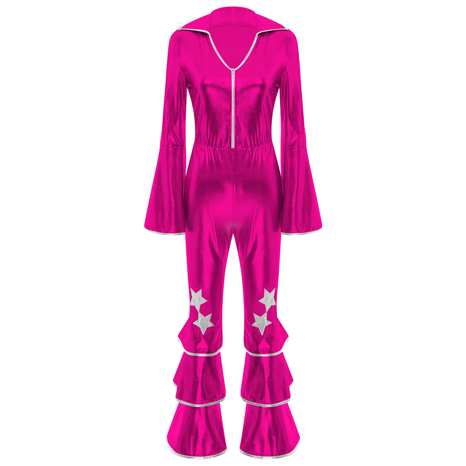 Frauen Retro 70er Jahre Disco Dance Kleidung Halloween Karneval Thema Party Hippie Cosplay Kostüm Langarm Glänzend Ausgestelltes Overall – Detail 15