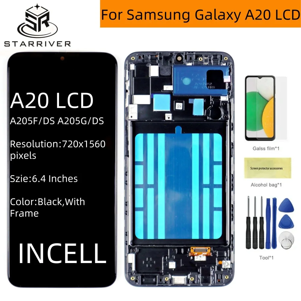 100% протестированный ЖК-дисплей Incell с рамкой для Samsung Galaxy A20 A205F/DS A205G/DS, сменный сенсорный экран с дигитайзером в сборе