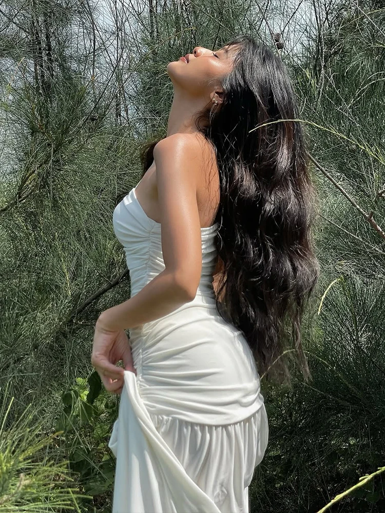 Nibber High Slits Temperament Dress Biased Collar Backless Folds Skinny Sleeveless Summer Vacation Beach Party Classic Vestidos