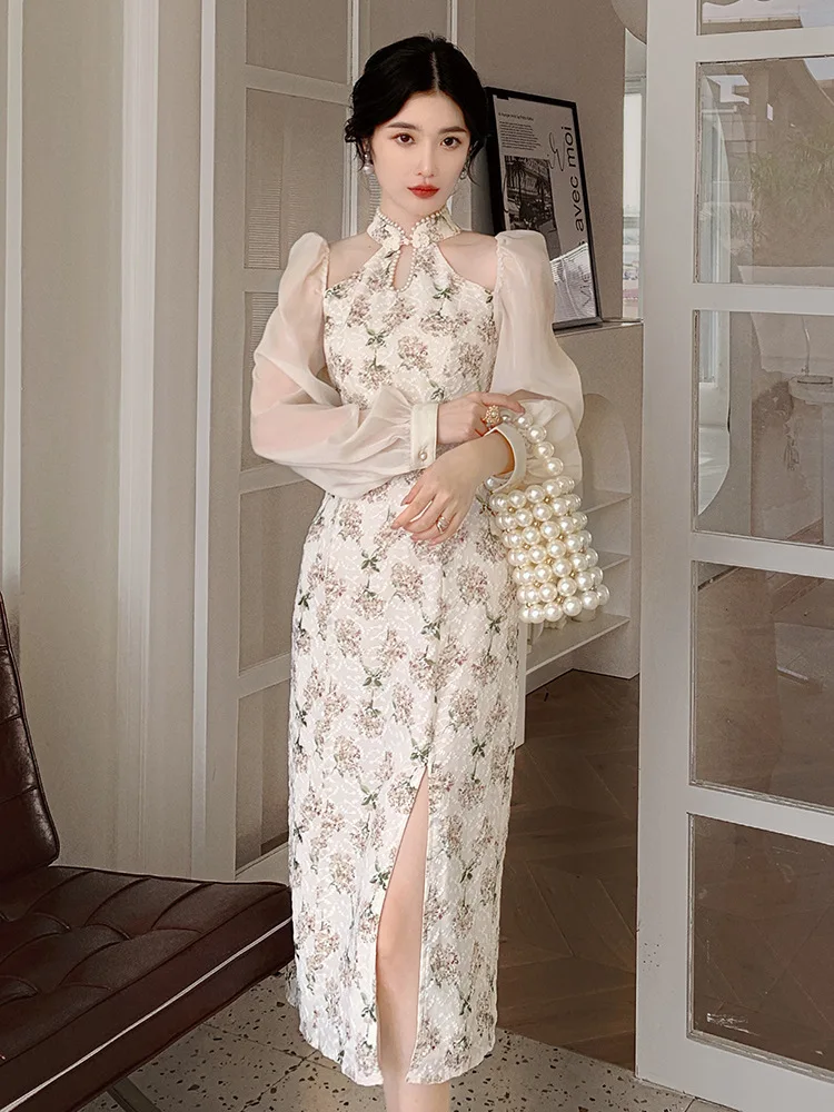 

Elegant Retro Women Party Midi Dress Female Fashion Floral Printed Split Halter Long Sleeve Korea Dress Lady Clothes Vestidos