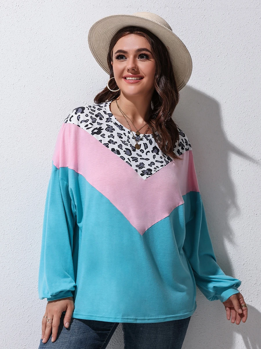 

Finjani Women's Plus Size T-shirt Leopard Colorblock Long Sleeve O-Neck Tee Casual Clothing For Autumn New