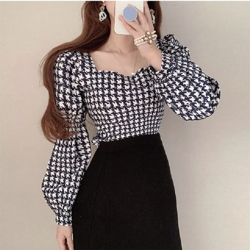 

Houndstooth Korean Style Chic Women Shirt Long Puff Sleeve Square Collar 2022 New Spring Short Tops Female Blouses