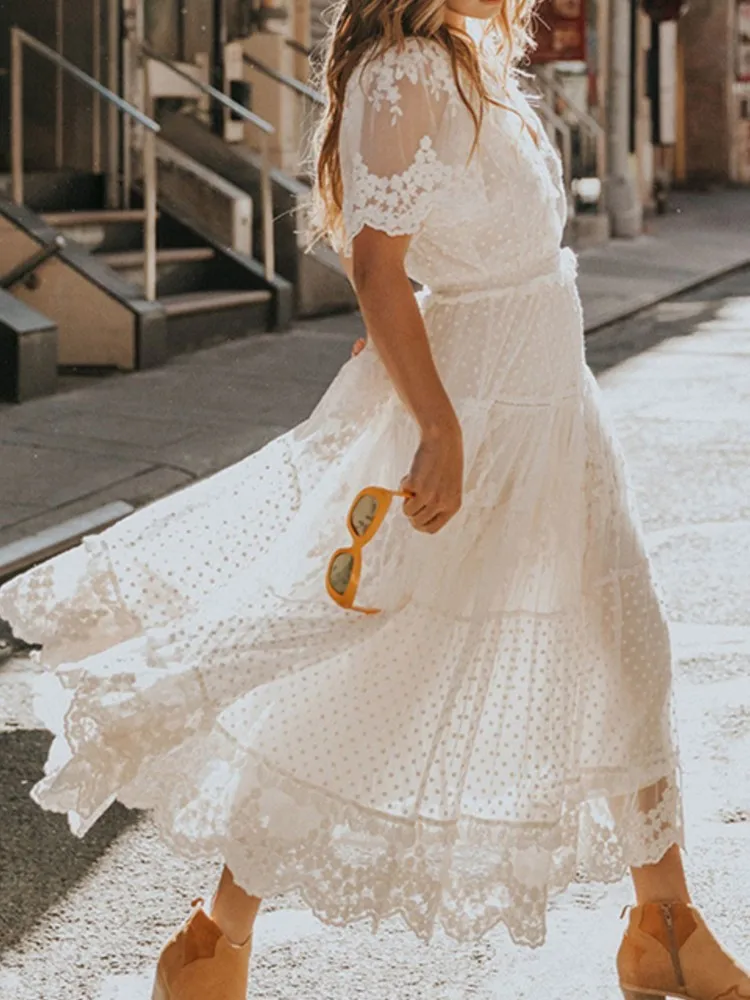 

V Neck Floral Lace Wedding Guest Dress Women Elegant Holiday Casual Short Sleeve Bridesmaid Evening Party Maxi Dresses Female
