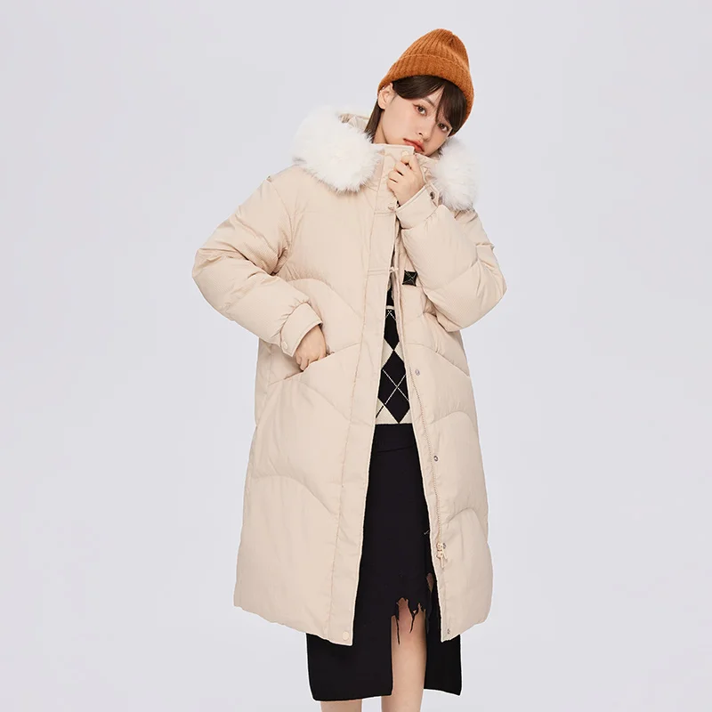 Semir Long Down Jacket Women Big Fur Collar Hooded Warm All-Match 2023 Winter New Loose Horn Button Jacket