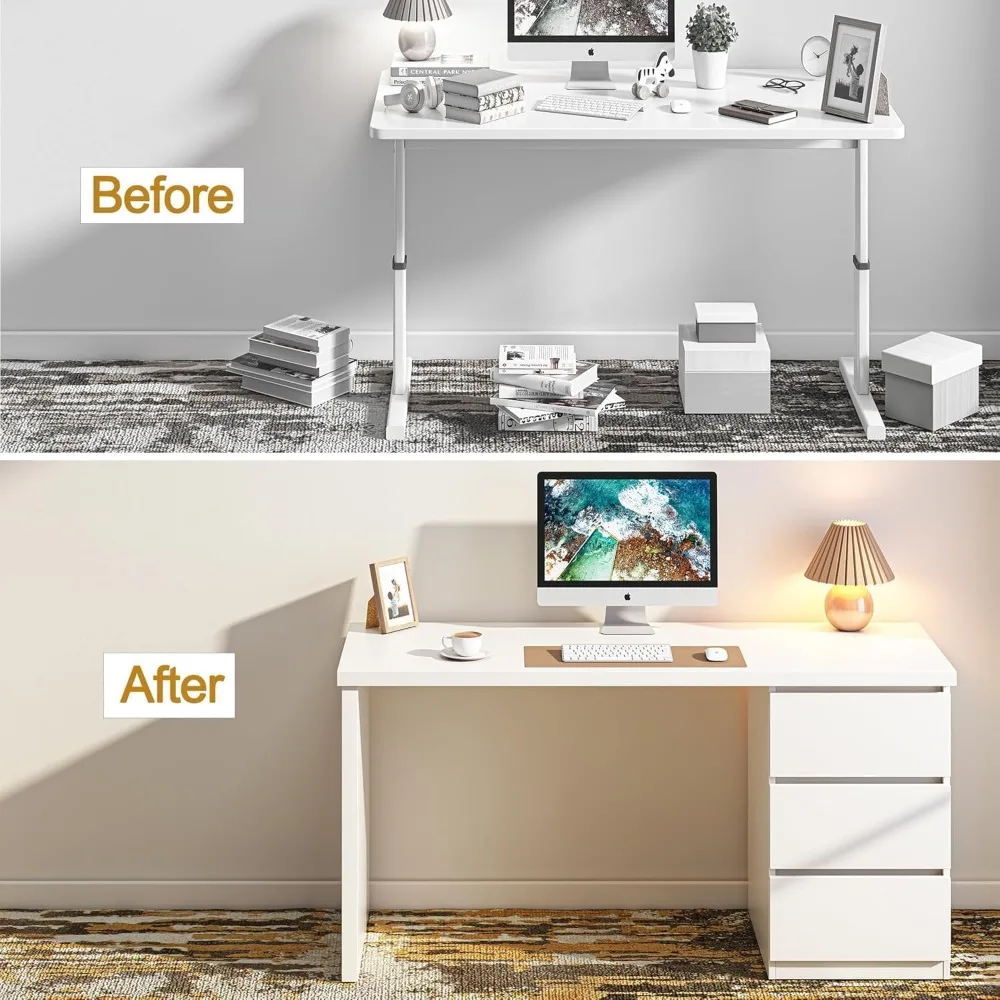White Desk with Drawers, 47'' W Home Office Computer Desk Gaming Table, Modern Vanity Desk with Storage, Wood Writing Workstati 4