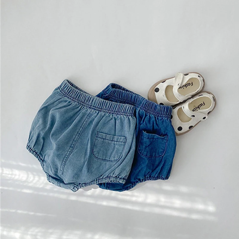 Summer Korean Casual Denim Shorts for Baby Boys Bloomers Soft Breathable Cotton Cozy Toddler Diaper Cover Kids Pockets Pants