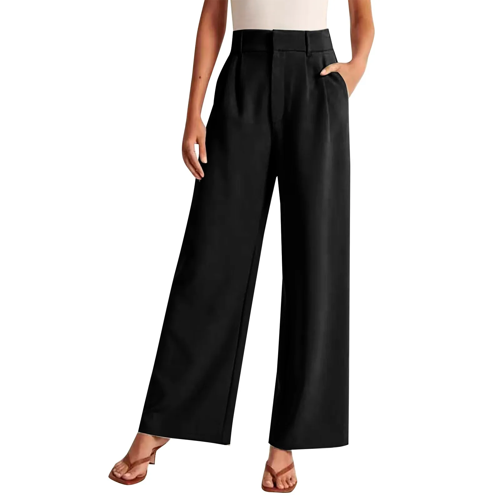 

Women's Trousers Solid Color Thin Pocket High Waist Wide Leg Pants Suit Pants Casual Pants