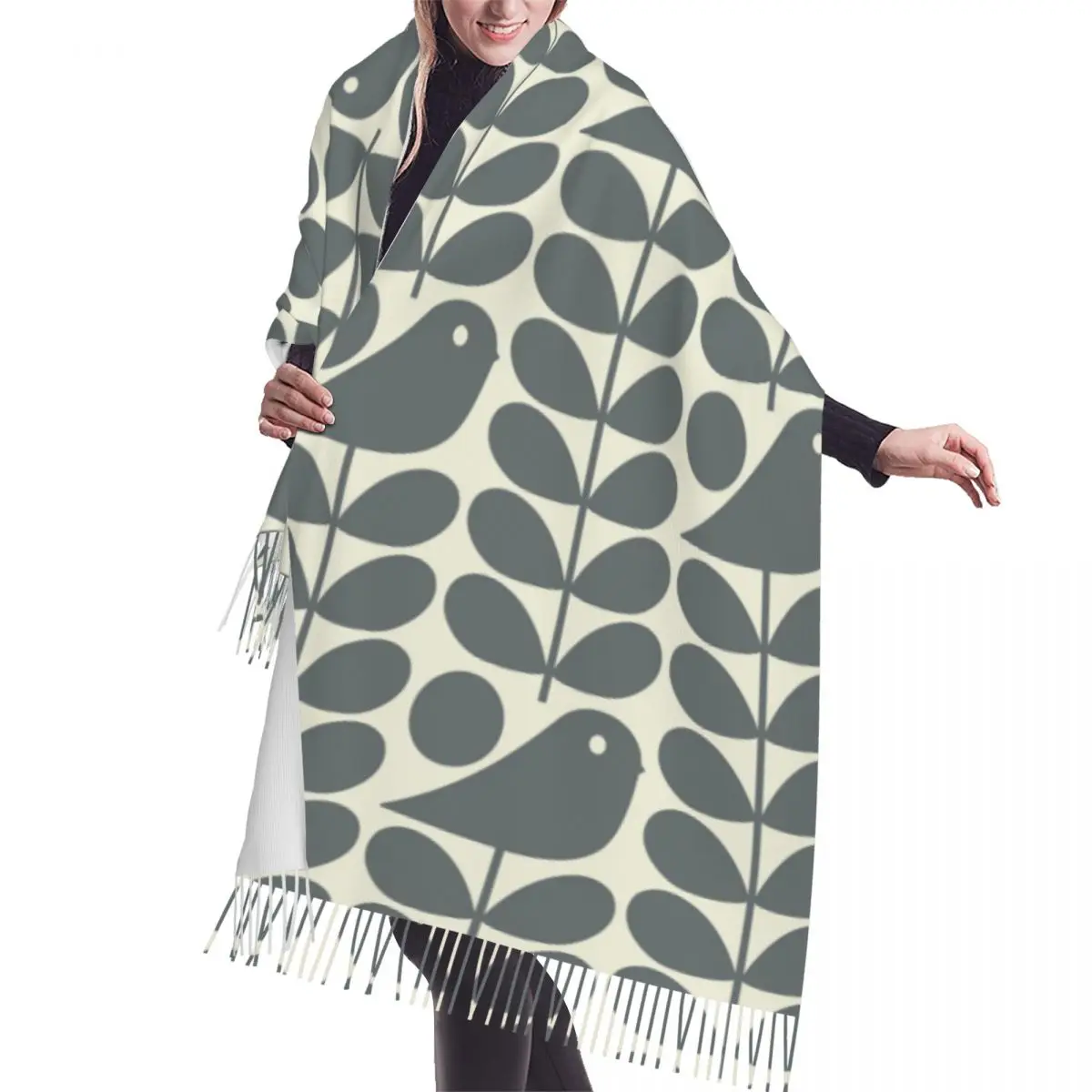 

Оригинальный модный серый шарф Orla Kiely с ранней птицей, Женская Длинная зимняя Осенняя теплая шаль с кисточками, шарфы унисекс