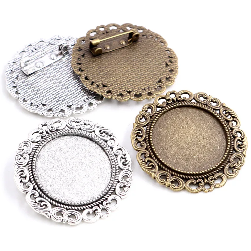5pcs 25mm Inner Size Antique Silver Plated Bronze Colors Brooch Baroque Style Cabochon Base Setting