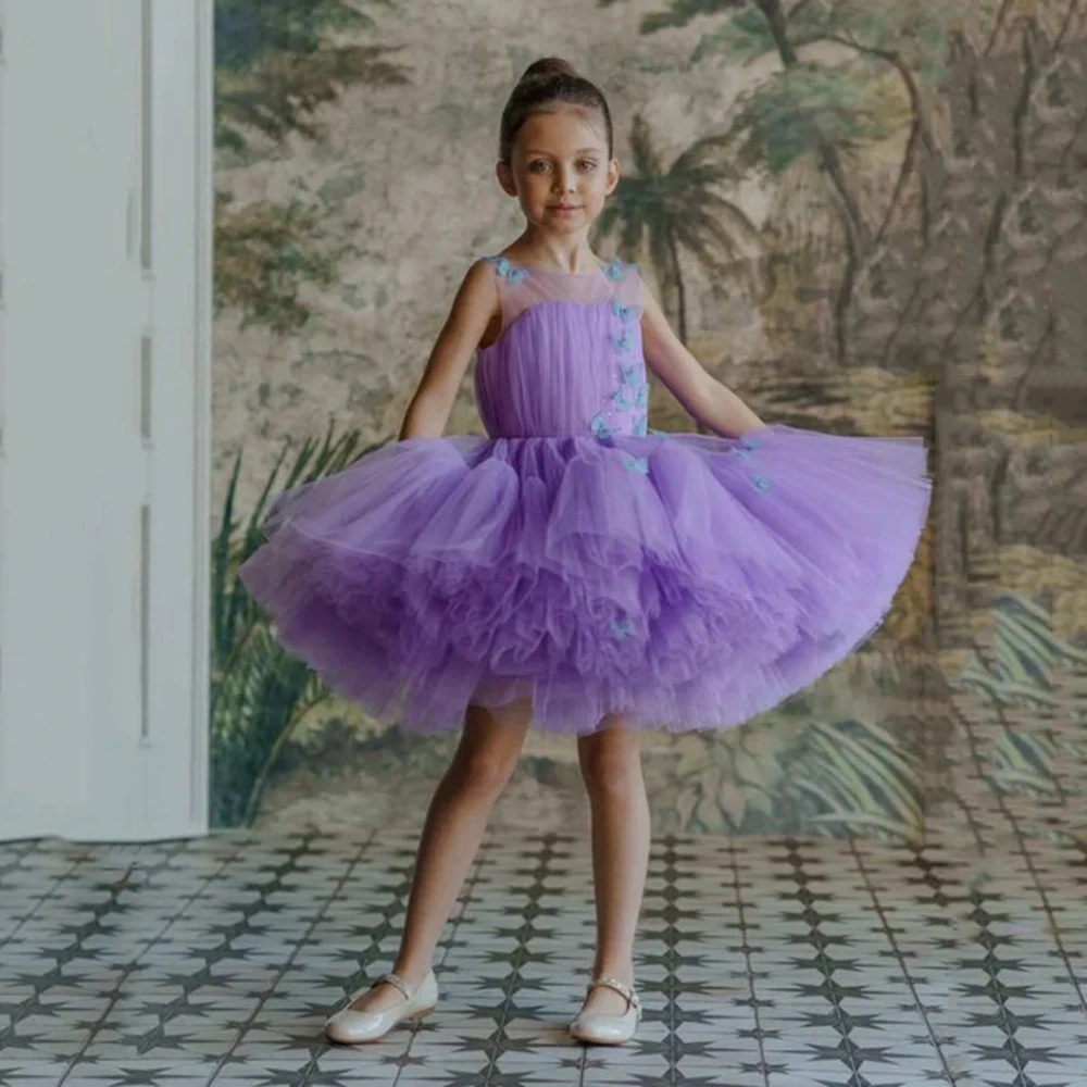 

Lavender Flower Girl Dress O Neck Sleeveless 3D Butterfly Puff Tutu Party Dresses Graduation Kids Pageant Birthday Gown