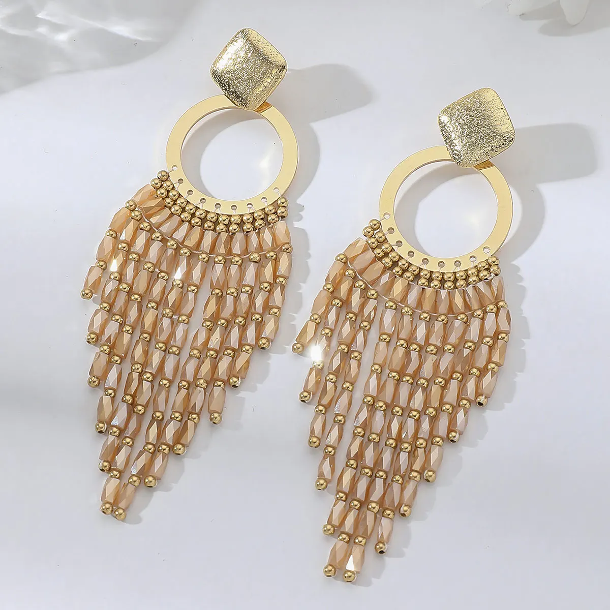 Bohemian Ethnic Crystal Beads Long Tassel Earrings for Women Vintage Elegant Geometric Metal Drop Earrings Handmade Jewelry Gift