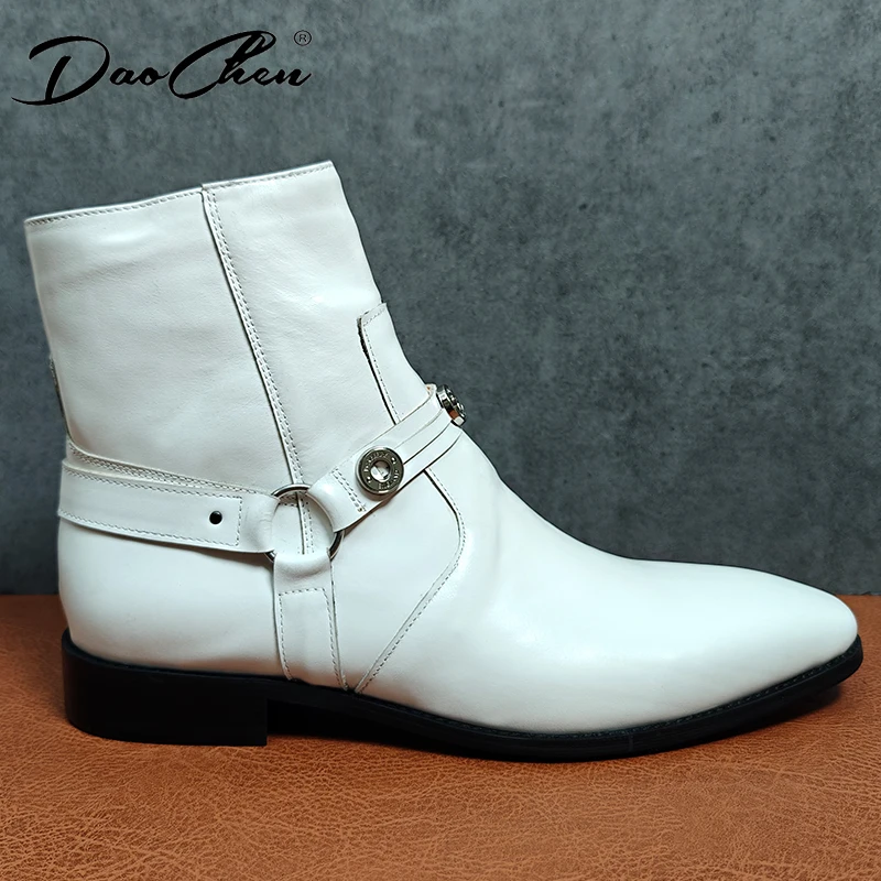 Luxury Men's Boots Zipper Mid-Calf Rock Boots Slip On Casual Dress Shoes Black Brown White Genuine Leather For Men